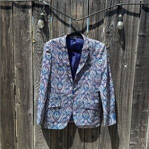 Suslo Couture Blue Green Paisley Print Button Front Sports Coat size 48/medium